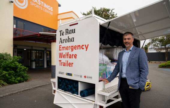 Regan Smith with mobile relief trailer at Hastings District Council