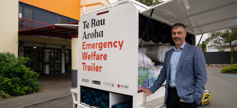 Regan Smith with mobile relief trailer at Hastings District Council