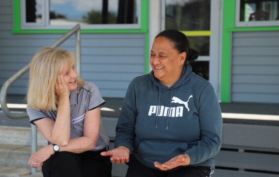 psychosocial advisor Sarah Gribbin chats with Te Karaka Community Co-Lead for Cyclone Recovery Pimia Wehi