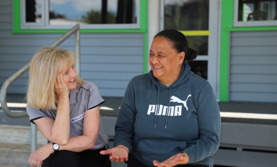psychosocial advisor Sarah Gribbin chats with Te Karaka Community Co-Lead for Cyclone Recovery Pimia Wehi
